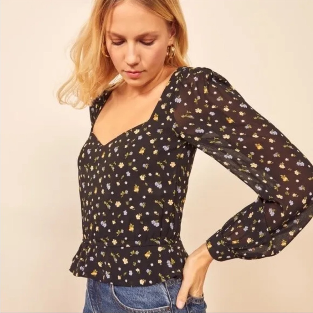 REFORMATION - Black Floral Pinto Posy Long Sleeve Shirt Top - Women's Size S
